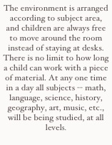 The environment is arranged according to subject area, and children are always free to move around the room instead of staying at desks. There is no limit to how long a child can work with a piece of material. At any one time in a day all subjects -- math, language, science, history, geography, art, music, etc., will be being studied, at all levels.
